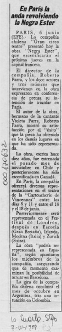 En París la anda revolviendo la Negra Ester  [artículo].