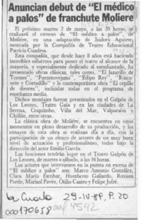 Anuncian debut de "El médico a palos" de franchute Molière  [artículo].