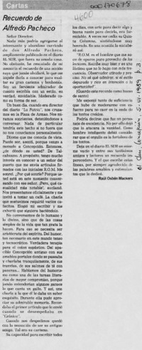 Recuerdo de Alfredo Pacheco  [artículo] Raúl Osbén Mackers.