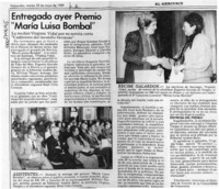 Entregado ayer premio "María Luisa Bombal"  [artículo].