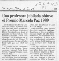 Una Profesora jubilada obtuvo el premio Marcela Paz 1989  [artículo].