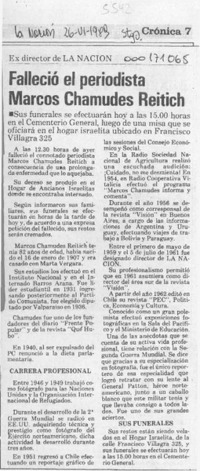 Falleció el periodista Marcos Chamudes Reitich  [artículo].