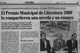 El Premio Municipal de literatura 1989 lo compartieron una novela y un ensayo  [artículo].