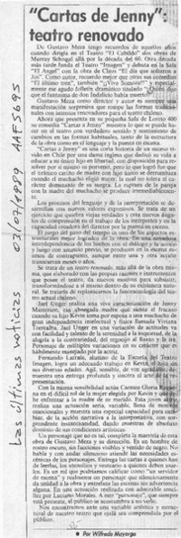 "Cartas de Jenny", teatro renovado  [artículo] Wilfredo Mayorga.