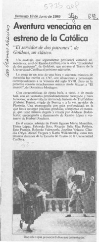 Aventura veneciana en estreno de la Católica  [artículo].