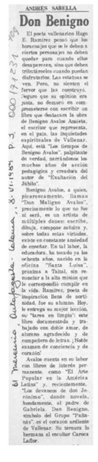 Don Benigno  [artículo] Andrés Sabella.