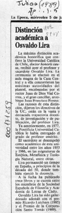 Distinción académica a Osvaldo Lira  [artículo].