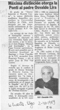 Máxima distinción otorga la Ponti al padre Osvaldo Lira