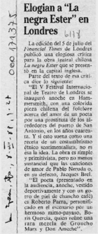 Elogian a "La negra Ester" en Londres  [artículo].