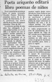 Poeta ariqueño editará libro poemas de niños  [artículo].