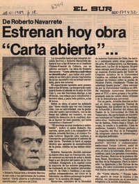 Estrenan hoy obra "Carta abierta" --  [artículo].