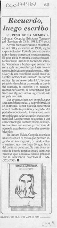 Recuerdo, luego escribo  [artículo] G. Angelcos.