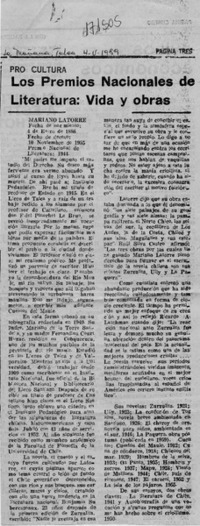 Los Premios Nacionales de Literatura, vida y obras  [artículo].