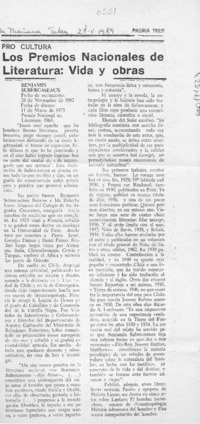 Los Premios Nacionales de Literatura, vida y obras  [artículo].