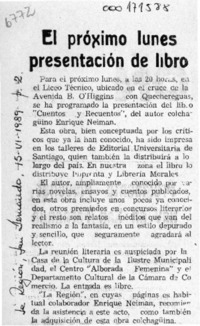 El Próximo lunes presentación de libro  [artículo].