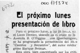El Próximo lunes presentación de libro  [artículo].