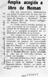 Amplia acogida a libro de Neiman  [artículo].