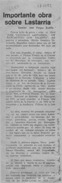 Importante obra sobre Lastarria  [artículo] José Vargas Badilla.