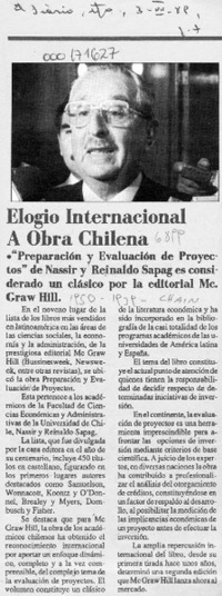 Elogio internacional a obra chilena  [artículo].