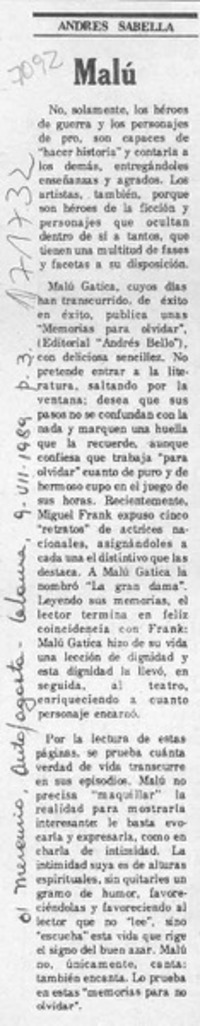 Malú  [artículo] Andrés Sabella.