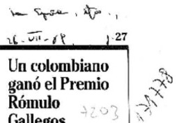 Un Colombiano ganó el premio Rómulo Gallegos  [artículo].