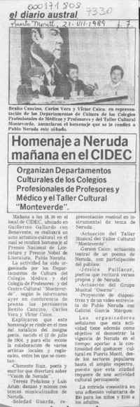 Homenaje a Neruda mañana en el CIDEC  [artículo].