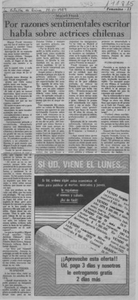 Por razones sentimentales escritor habla sobre actrices chilenas  [artículo].