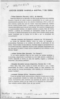 Juicios sobre Gabriela Mistral y su obra  [artículo].