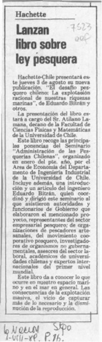 Lanzan libro sobre ley pesquera  [artículo].