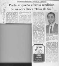 Poeta ariqueño efectuó reedición de su obra lírica "Días de sol"  [artículo].