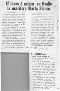 El Lunes 3 estará en Ovalle la escritora Marta Blanco  [artículo].