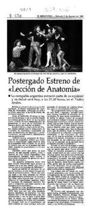 Postergado estreno de "Lección de anatomía"  [artículo].