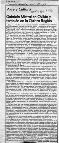 Gabriela Mistral en Chillán y también en la Quinta Región  [artículo] Pedro Mardones Barrientos.