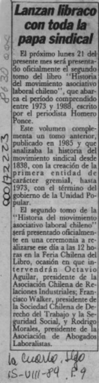 Lanzan libraco con toda la papa sindical  [artículo].