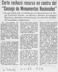 Corte rechazó recurso en contra del "Consejo de Monumentos Nacionales"  [artículo].