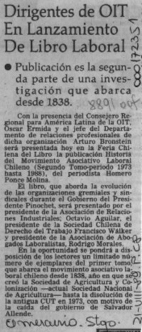 Dirigentes de OIT en lanzamiento de libro laboral  [artículo].