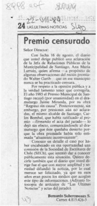Premio censurado  [artículo] Bernardo Subercaseaux S.