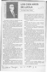 Los cien años de Lucila  [artículo] Raúl Téllez Yáñez.