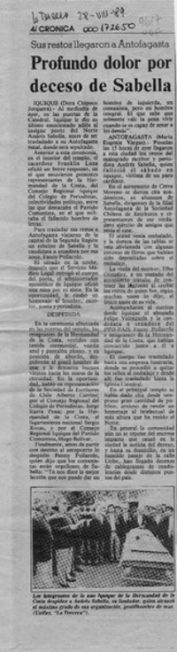 Profundo dolor por deceso de Sabella  [artículo] Dora Chipoco Jorquera.