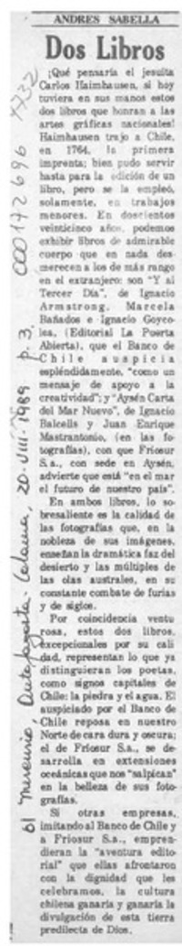 Dos libros  [artículo] Andrés Sabella.