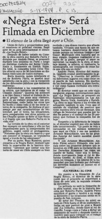 "Negra Ester" será filmada en diciembre  [artículo].