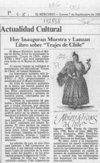 Hoy inuguran muestra y lanzan libro sobre "Trajes de Chile"  [artículo].