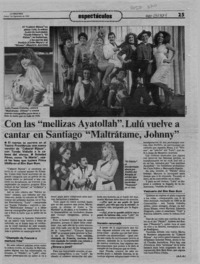 Con las "mellizas Ayatollah", Lulú vuelve a cantar en Santiago "Maltrátame, Johnny"  [artículo] A. L. A.