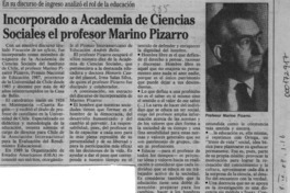 Incorporado a Academia de Ciencias Sociales el profesor Marino Pizarro  [artículo].