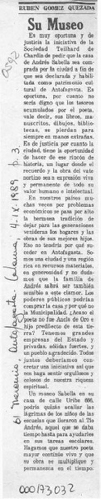 Su museo  [artículo] Rubén Gómez Quezada.