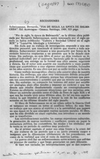 Subercaseaux, Bernardo, "Fin de siglo, la época de Balmaceda"  [artículo] Carlos Bascuñán E.