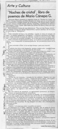 "Noches de cristal", libro de poemas de Mario Cánepa G.  [artículo] Isabel Barrientos Díaz.