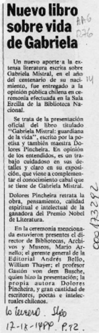 Nuevo libro sobre vida de Gabriela  [artículo].