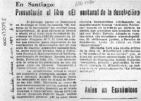 Presentarán el libro "El ventanal de la desolación"  [artículo].