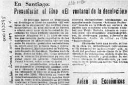 Presentarán el libro "El ventanal de la desolación"  [artículo].